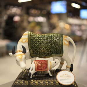 Jain Furnishings Kamdhenu Cow & Calf Statue - Intricate Gold & Green/Red