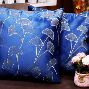 Royal Blue Velvet Cushion Covers with Gold Ginkgo Leaf Embroidery