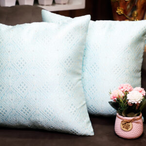 Aqua Blue Jacquard Cushion Covers with Intricate Geometric Pattern